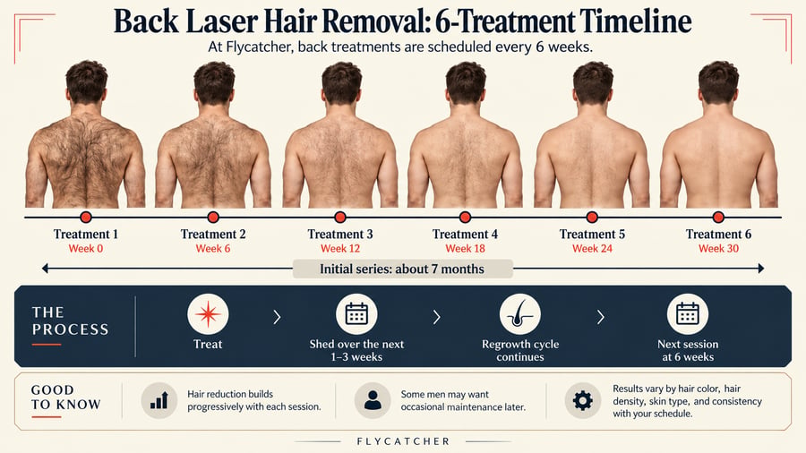Six-session back laser hair removal timeline with treatments spaced six weeks apart