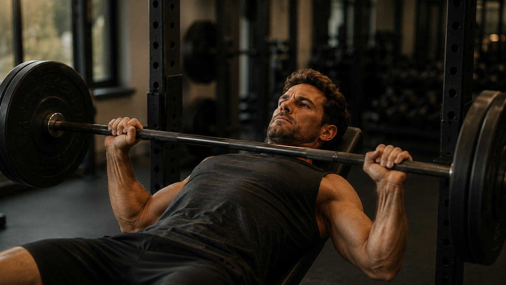 Man bench pressing in his home gym