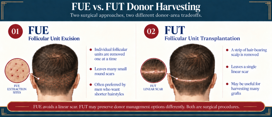 Diagram comparing FUE follicular unit excision with FUT strip harvesting for hair transplantation