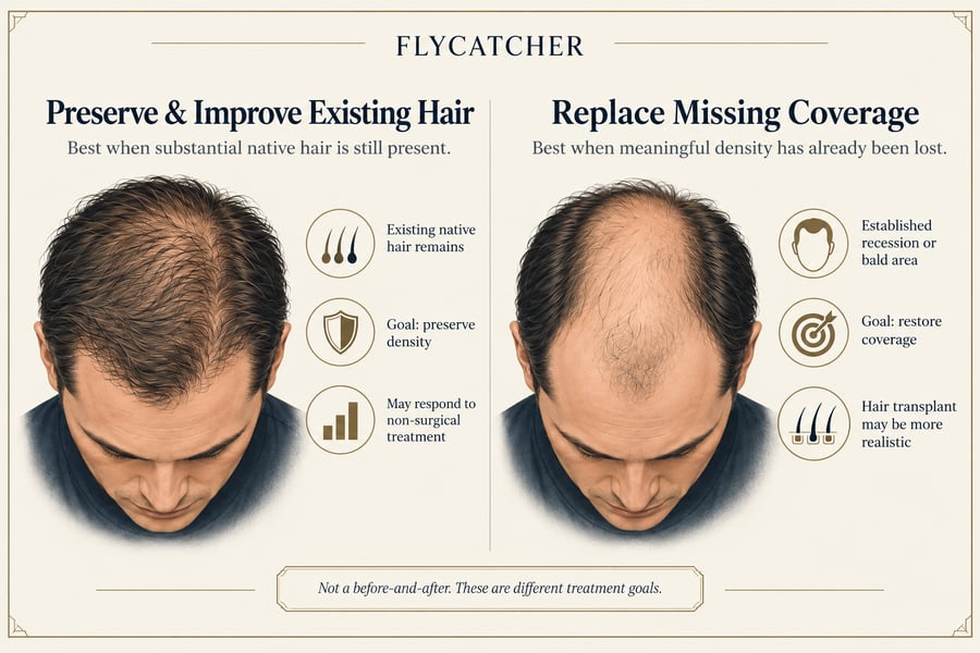 Illustration comparing preservation of thinning native hair with transplantation to replace lost coverage