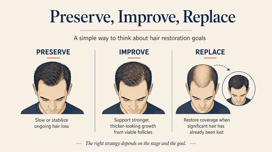 Preserve improve and replace framework for men's hair restoration