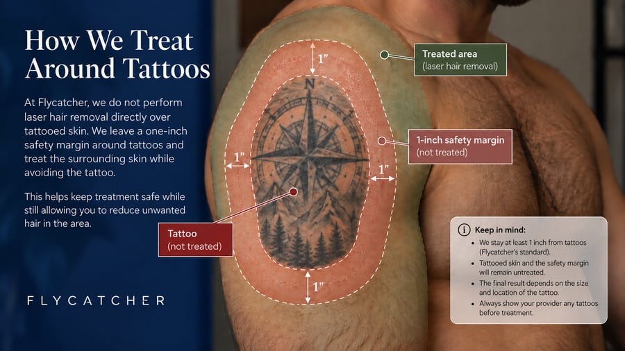 Diagram showing Flycatcher’s one-inch laser hair removal safety margin around a tattoo