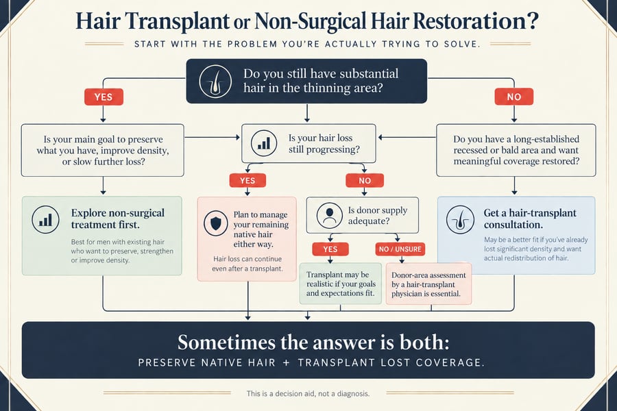 Decision flow chart showing when non-surgical hair restoration, a hair transplant, or a combination may make sense