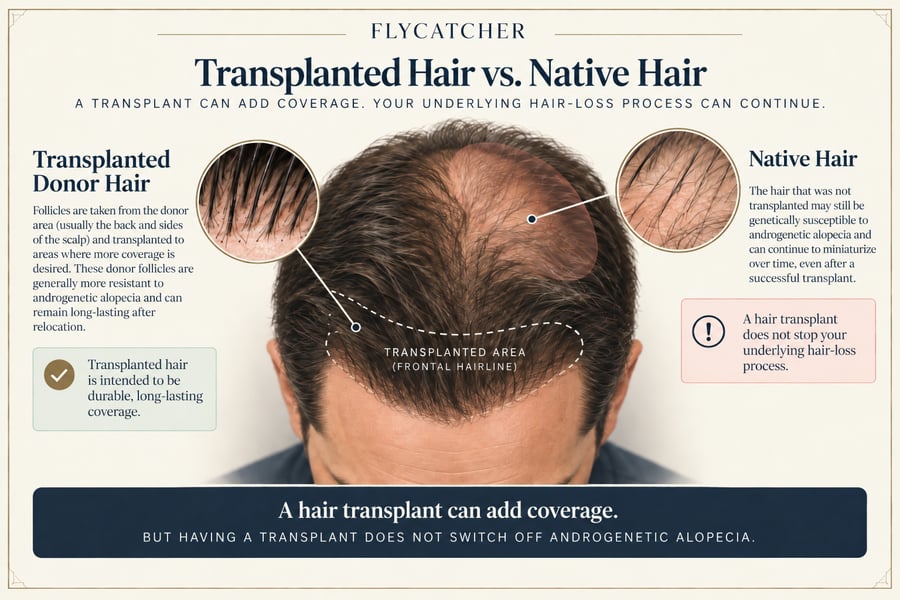 Illustration showing transplanted donor hair and continued thinning of native hair after a hair transplant