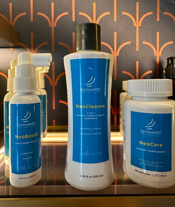 NeoSystem from GetHairMD features shampoo+conditioner, a topical, and a dietary supplement.