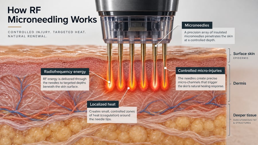 Diagram showing how RF microneedling delivers radiofrequency energy beneath the skin