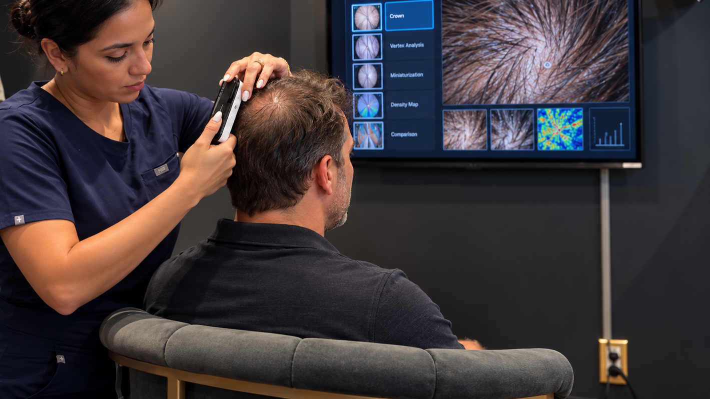 Provider examining a man’s thinning crown with a handheld scalp camera while magnified hair images appear on a monitor.
