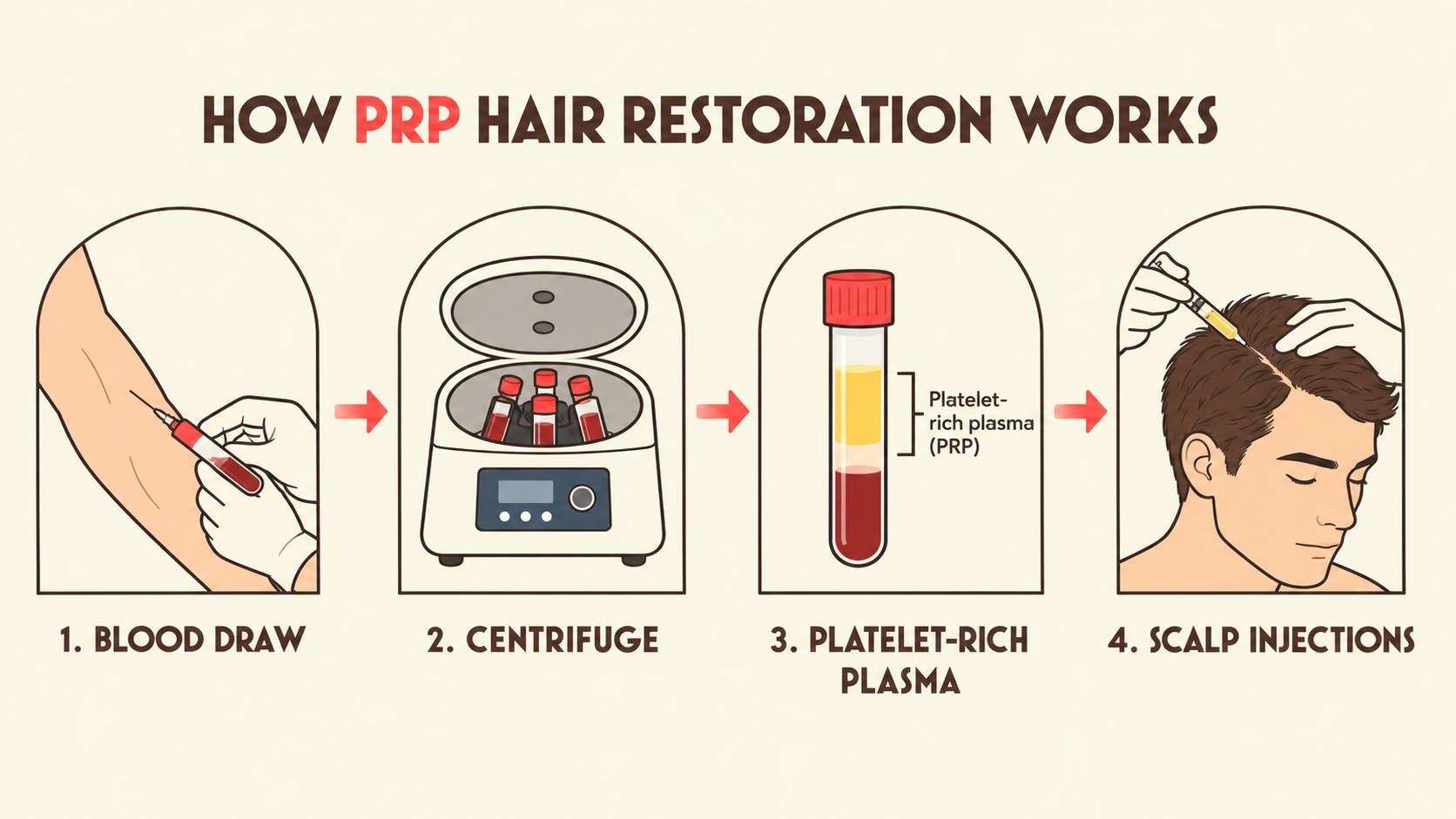 Four steps of PRP hair restoration: blood draw, centrifugation, separation of platelet-rich plasma, and scalp injections.