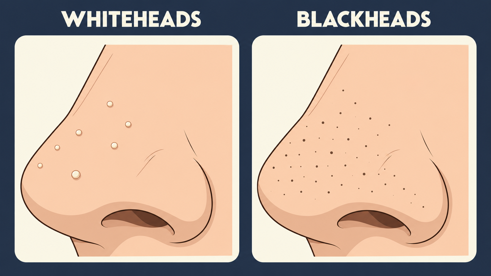 Side-by-side illustration of whiteheads as small pale bumps and blackheads as dark pore plugs on the nose.