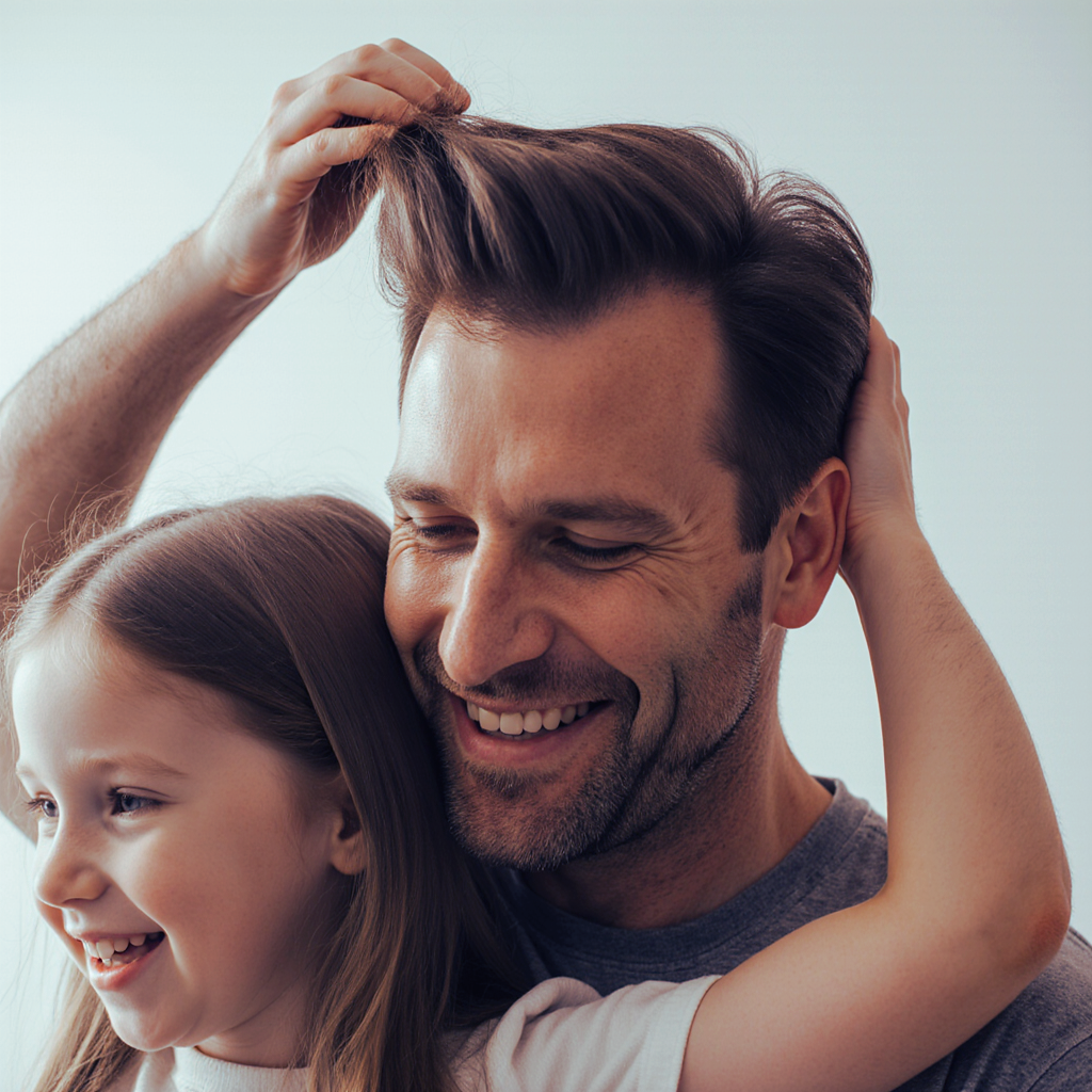 Man with full head of hair with daughter