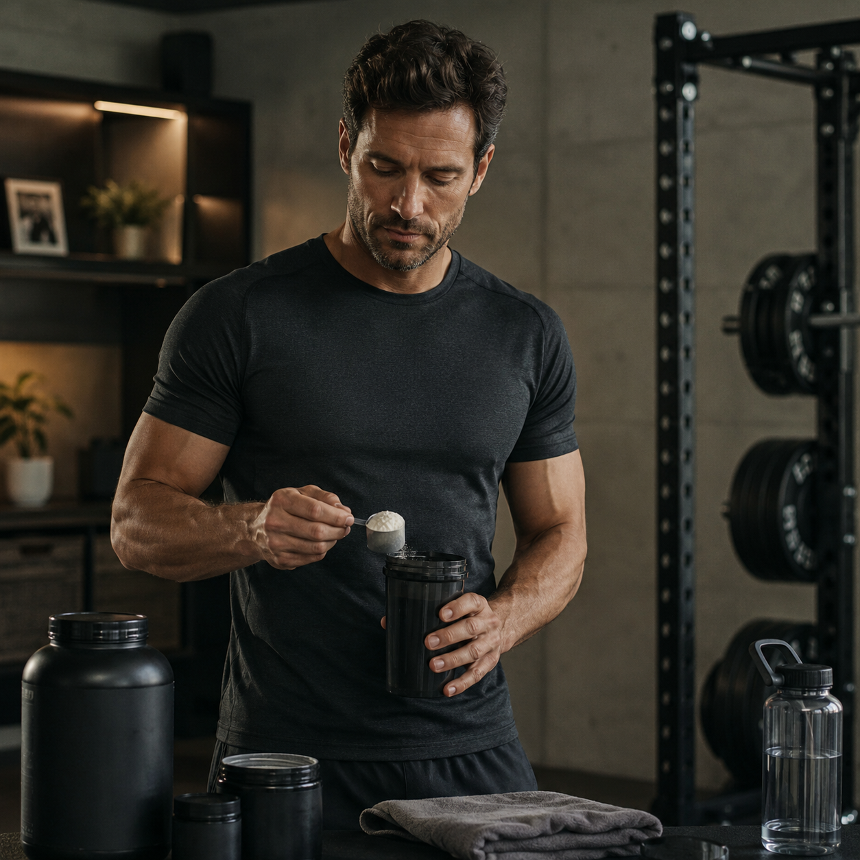 Man using a workout supplement in a gym while researching creatine and hair loss