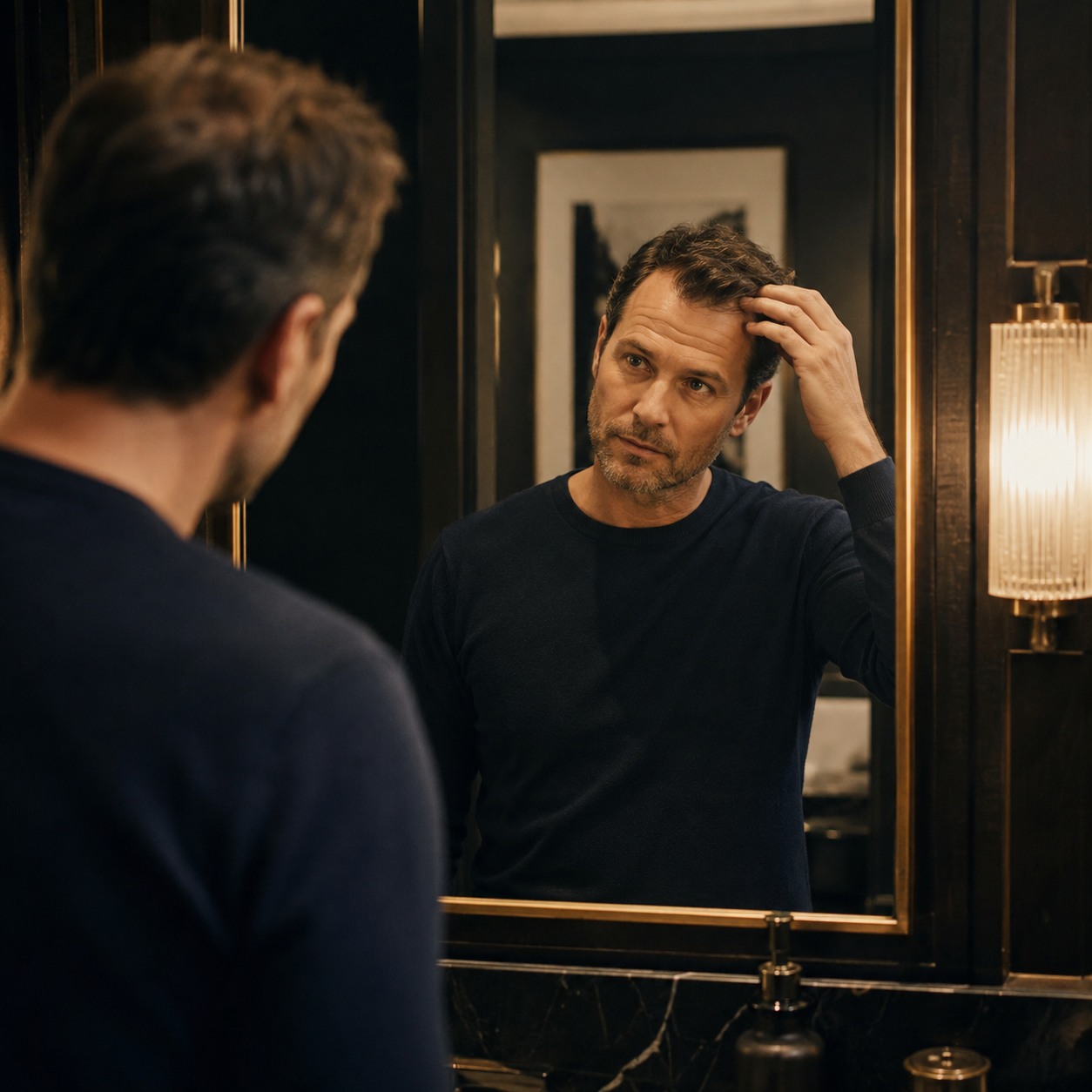 Man noticing early signs of thinning hair and a receding hairline