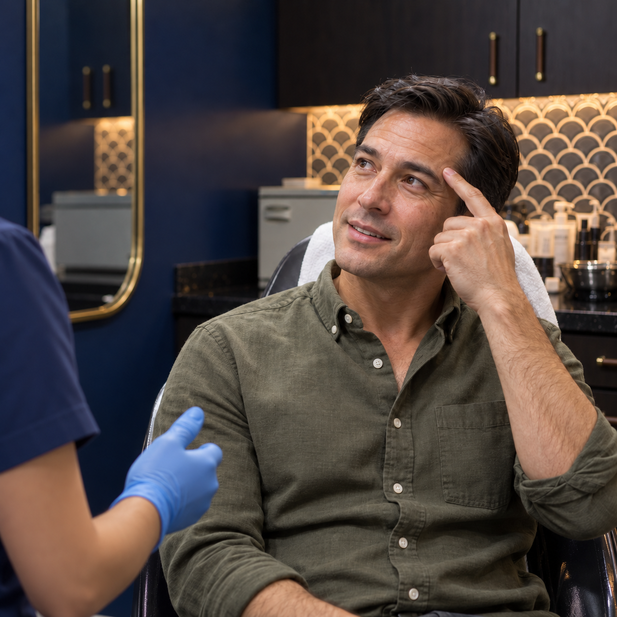 Man consulting with a provider about Botox treatment at Flycatcher Medical Aesthetics for Men in Austin.
