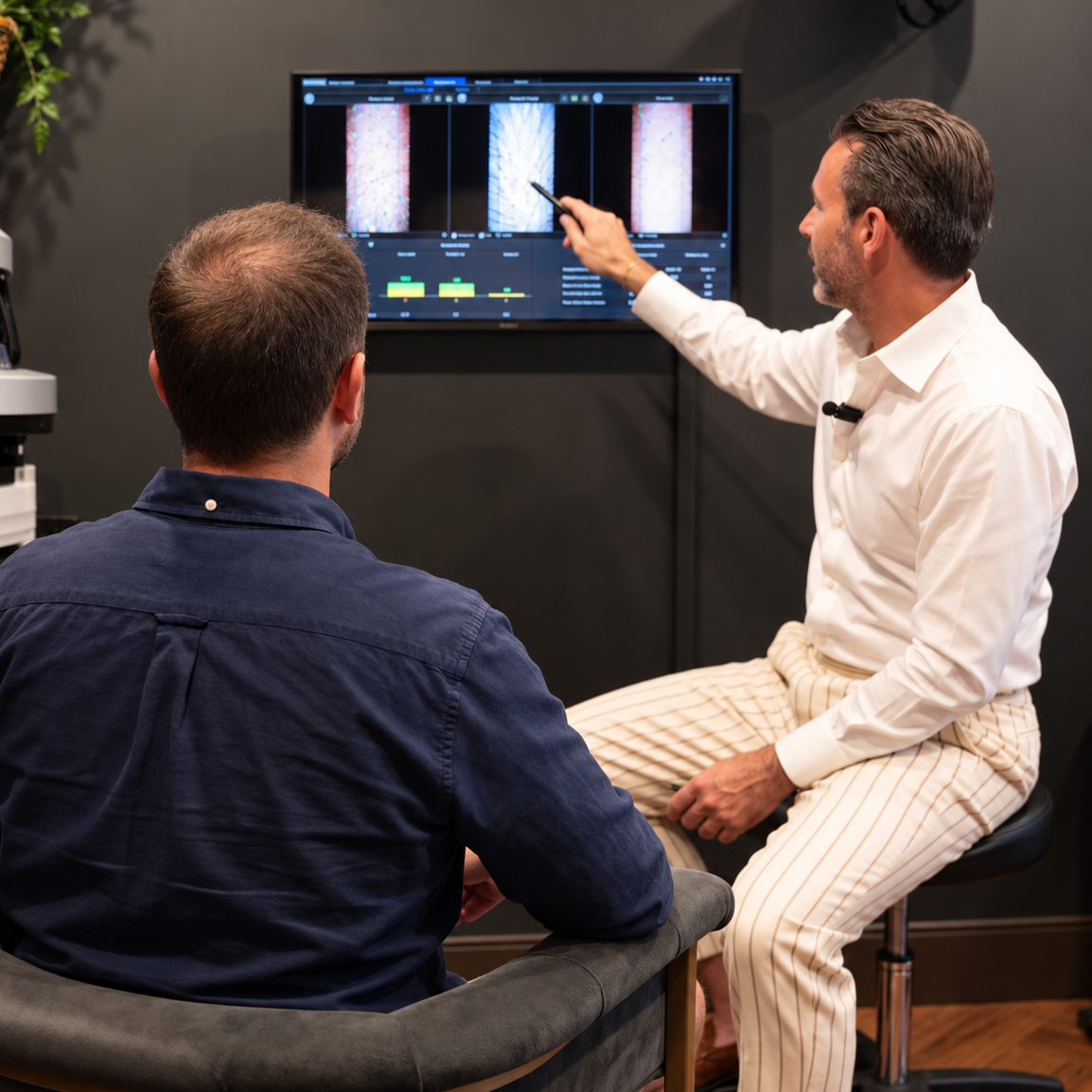 Provider reviewing magnified scalp images on a monitor with a man experiencing thinning hair.