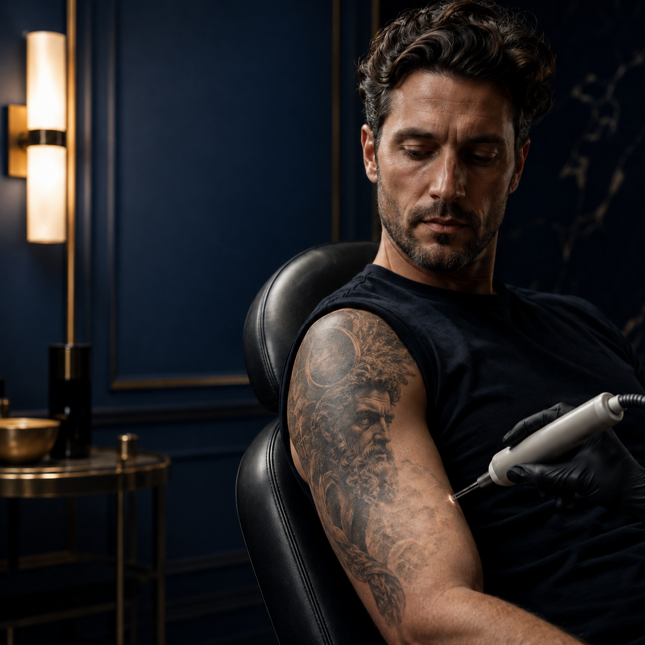 Austin male client getting tattoo reduction at Flycatcher's studio
